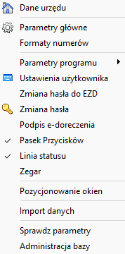 Menu Parametry